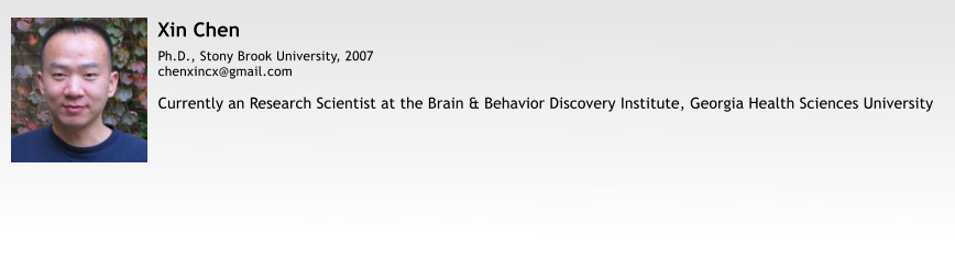 Xin Chen Ph.D., Stony Brook University, 2007 chenxincx@gmail.com  Currently an Research Scientist at the Brain & Behavior Discovery Institute, Georgia Health Sciences University